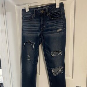 American Eagle Outfitters Women's Dark Blue Distressed Skinny Jeans